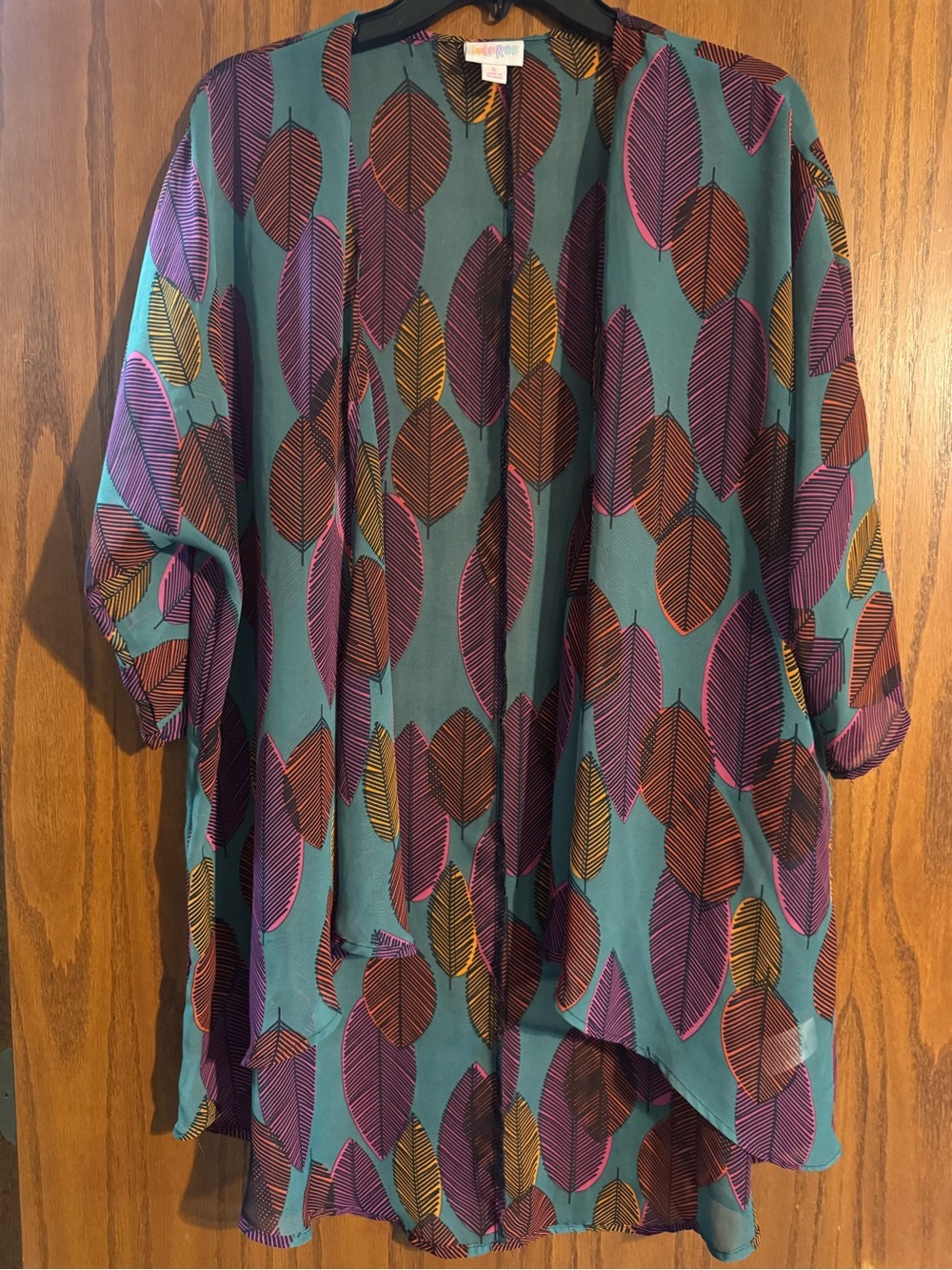 LuLaRoe Teal Open-Front Tunic with Purple, Brown & Gold Leaf Print